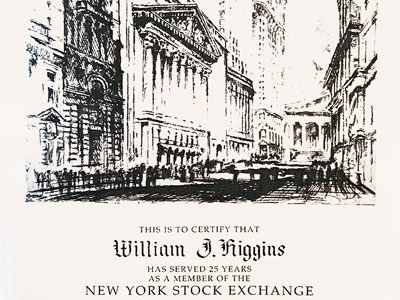 Bill Higgins: Certificate 25 years as a Member of The New York Stock Exchange